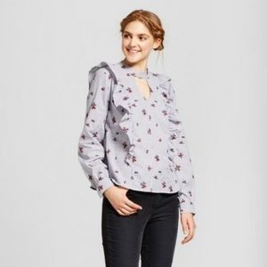 Striped embroidered ruffled blouse